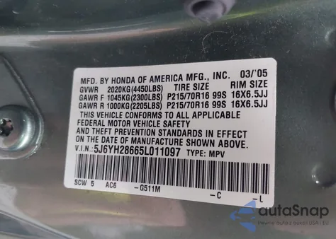 2005 Honda Element Ex from USA, damaged, VIN 5J6YH28665L011097
